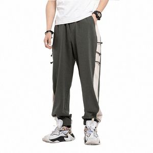 Mężczyźni Cott Linen LG Pants Joggers Streetwear Patchwork Fresspants Spodnie Mężczyźni swobodny luźne proste spodnie plus rozmiar M-8xl F2wv#