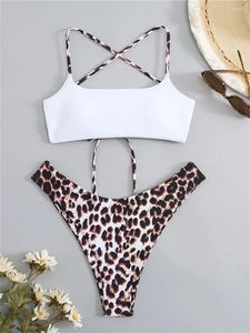 Mulheres Swimwear Sexy Criss Cross Biquinis Conjuntos 2024 Mulheres Push Up Branco Leopardo Imprimir Cintura Alta Maiô Cortar Praia Banheira Terno