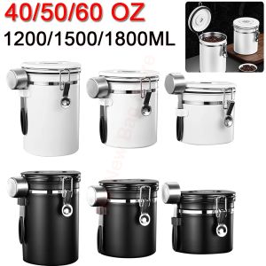 Frascos 1.2/1.5/1.8L Recipiente de café hermético de aço inoxidável com colher Jarra de café Conjunto de válvulas de liberação de CO2 para grãos de café
