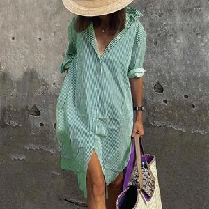 Casual Dresses Women Fashion Turn-down Collar Button Shirt Dress Spring Striped Print Split Long Autumn Sleeve Loose Boho Maxi