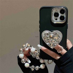 Cell Phone Cases Korean simple luxury frosted diamond heart-shaped bracket bow bead bracelet chain case iPhone 11 12 13 14 15 Pro Max soft cover H240326