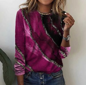 Womens T-shirt with Red Blue and Purple Pattern Printing Long Sleeved Daily Weekend Ethnic Round Neck Regular Painting