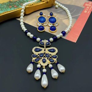 Collana Orecchini Set Gioielli da donna Orecchini da donna Nappa Perla Blu Goccia Gemma Regali di compleanno per signora di lusso Boutique elegante