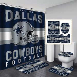 Curtains White Navy Blue American Football Shower Curtain Set,Modern Texas Star Rugby Athlete Helmet Sports Bathroom Set NonSlip Mat Rug