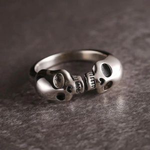 Vintage Double Skull 14K Vittguldringar för män Kvinnor Hipster Rock Hip Hop Trendy Ring Fashion Jewel Gifts Accessories Resizable