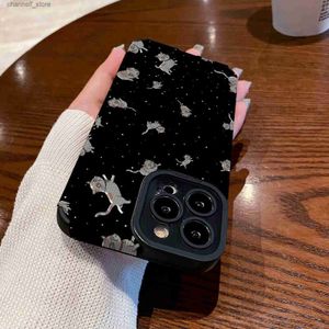 Cell Phone Cases Cute Doodle Night sky kitten Phone Case For iPhone 13 11 12 14 15 Pro Max Mini SE X XS Max XR 7 8 Plus Silicone Leather CoverY240325