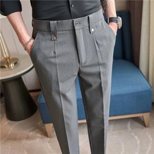 Alta qualidade primavera negócios casual terno calças para homens sólido fino ajuste escritório vestido social calças cintura elástica 28-40