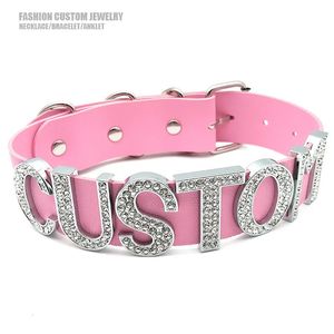 Rhinestone Large Letters Pink Pu Leather Wide Choker Collar Punk Personalized Custom Name Necklaces For Women Men Costume Gift 240315