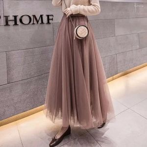 Skirts Pleated Lace Gauzy Dress Women's Long Tulle Skirt High Waist Wide Hem Woman Mujer Faldas Saias Mulher