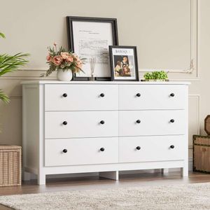 Hourom White Dresser, Modern 6 Drawer dubbel byrå sovrum med gulddrag, breda lådor för vardagsrum