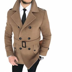 Mäns Lapel Double-Breasted Casual Woolen Jacket 2024 Höst med Belt Fible British Retro Elegant Solid Color Jacket I12Y#