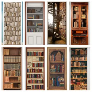 Stickers Wooden Bookshelf Door Stickers Spiral Staircase Library Retro Literature Art Bookstore Decor Renovation PVC Wallpaper Sticker