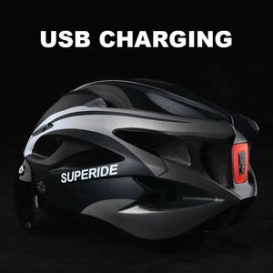 SUPERIDE Rechargeable Road Bike Helmet Men Women Cycling with Visor Rearlight Sports MTB Bicycle TT Lens 240312