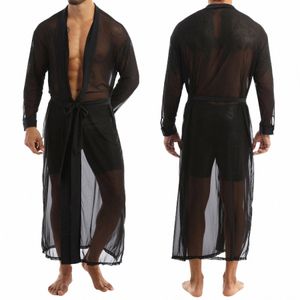 men Transparent Open Stitch Sexy Lingerie Frt Mesh See-through Lg Casual Shirt Coat Bathrobe Male Gay Lg Sleeve Underwear F8mY#