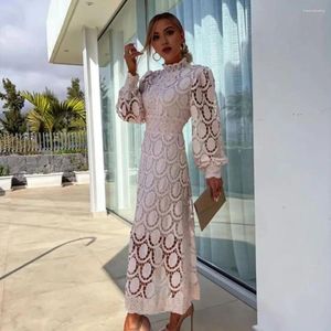 Casual Dresses Formal Evening Gown Elegant Lace Maxi Dress With Bubble Sleeves Stand Collar Women's Hollow Out Tight Waist For Office