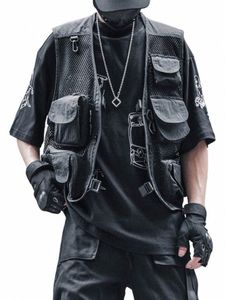Houzhou Techwear Black Cargo Biker Vest utan ärm Tank Topps Män ärm Topp Män kläder japanska Streetwear Hip Hop F96G#