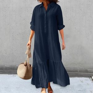 Casual Dresses Summer Spring Women Dress Lapel långärmad ruffle lapptäcke Löst fotledslängd tunn pendling Lady Maxi