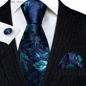 Neck Ties Neck Ties Free Shipping Ties for Men Blue Green Teal Leaves Floral Silk Neck Tie Handkerchief Cufflinks Set Wedding Gift BarryWang 5967 Y240325