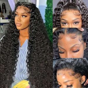 Kdmidun Wave Front Pre Plucked 28 tum 13x6 HD Transparent spets frontal 180% Densitet Glueless Deep Curly Human Hair Wigs For Women Natural Black