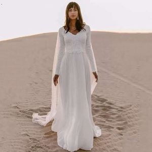 Boho Beach Chiffon 웨딩 드레스 커스텀 롱 슬리브 v 목 뒤쪽 보헤미안 신부 가운 스위프 트레인 로브 Soire de mariage cg001