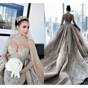 2022 Kristallperlen Stehkragen Meerjungfrau Brautkleider mit abnehmbarer Schleppe Sexy Übergröße Lange Ärmel Arabisches muslimisches Brautkleid