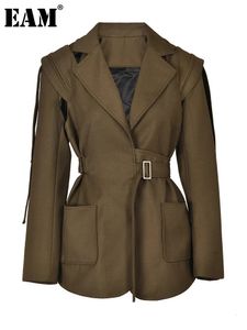 EAM Brauner Blazer mit Tasche und Gürtel für Damen, große Größe, Revers, lange Ärmel, lockere Passform, Jacke, Mode, Frühling, Herbst, 2024, 1DF336616, 240301