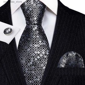 Krawatten Krawatten Designer-Krawatten-Set aus Seide für Herren, Schwarz, Silber, gepunktet, kariert, Rot, Gold, Gelb, Krawatte, Einstecktuch, Manschettenknöpfe, Hochzeit, BarryWang 6103 Y240325