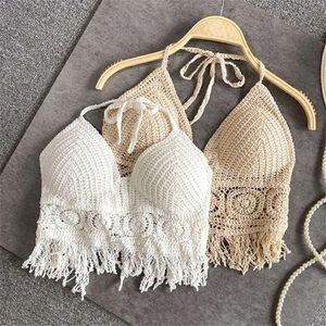 Women Sexy Knit Backless Beach Short Bra Crop Top Lightweight Hollow Out Crochet Tassels Hem Halter Bras Bustier with Chest Pads