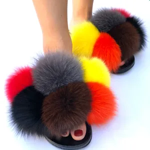 Slippers Ladies Cute Rainbow Fur Shoes Women's Fur Slippers Fox Fur Flip Flop Flat Fluffy Fur Ball Sandals Female Furry Pom Pom Slides