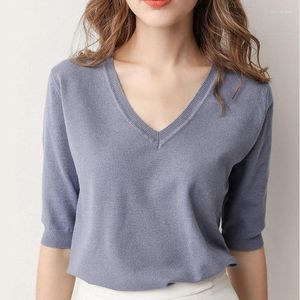 Damen T-Shirts Basic Solid T-Shirts Strickoberteile Weiblich Kurzarm V-Ausschnitt Loses Hemd Für Frauen Frühling Sommer Koreanisches Casual Tee Femme