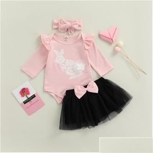 Zestawy odzieży Baby Girl Easter Ubrania Zestaw Bodysuit Romper Black Tle Tutu Spódnica Opaska na głowę 018m Urodzony niemowlę Toddler Festival Festival Dr Dhnm0