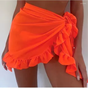 Summer Short Skirt European American Chiffon Pure Color Seaside Vacation Sunscreen Bikini Ear Edge Beach Women Orange