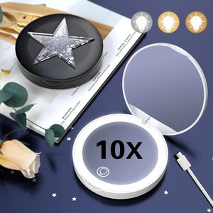 Kompakt sminkspegel med LED -ljus mini bärbar handficka 5x10x förstoring fällbar resor Vanity Mirrors Cosmetic Tools 240314