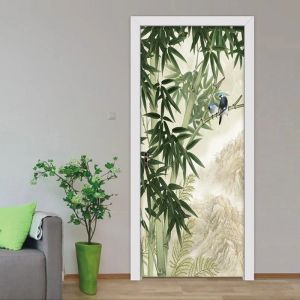 Adesivos 3d porta adesivo mural papel de parede pintado à mão bambu floresta pássaro imagem decalques quarto sala estar porta adesivos decoração casa