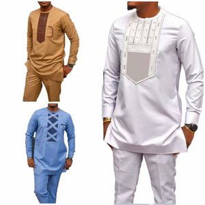 new 2Pc Luxury African Traditial Men's Clothing Elegant Full Suits Male Pant Sets To Dr Native Outfit Ethnic Diki Kaftan 033W#