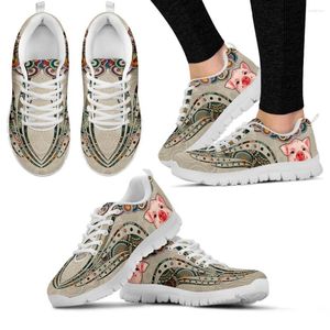 Sapatos casuais Instantarts Light Brown Bohemian Cartoon Pig Design Tênis Branco Sola Macia Lace-Up Animal Print Zapatos