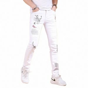 HARAJUKU Koreanska lyxkläder Män vita smala jeans med tryckta rippade hål Autumn Hip Hop Distred Cott Byxor Male Z5re#