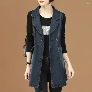 Kvinnors västar 2024 Spring Autumn Suit Collar Mid-längd ärmlös denim Vest Jacket Kvinnor Waistcoat Jackor Loose Top Female