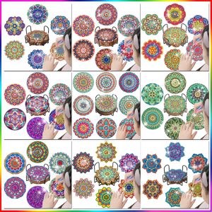 Stitch Sdoyuno 6st Diy Diamond Målning Mandala Flowers Coaster Drink Cup Cushion With Rack Diamond Embroidery Kit For Kitchen Decor