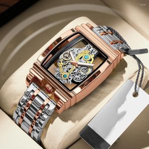 Wristwatches Skeleton Hollow Men Watch Luxury Rectangle Rose Gold Sliver Quartz Clock Stainless Steel Male Tonneau Man Relogio Masculino