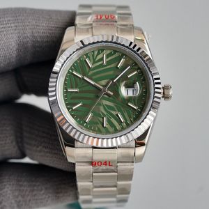 Relógio masculino verde oliva com mostrador redondo, 41mm, padrão de folha de palmeira, à prova d'água, resistente a arranhões, cristal azul, fivela dobrável, inoxidável 307w