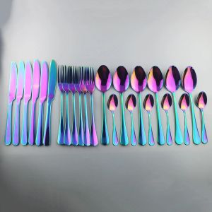 Zestawy Zestaw stolika tęczowego 18/10 ze stali nierdzewnej 24pcs Nóż obiadowy Nóż Fork łyżki Zestaw Zestaw Western Dinner Silverware Poletk