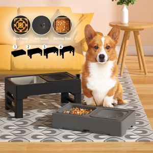 Feeding 4HeightAdjustable Dog Raised Feeder Stand Food Slow Feeding Bowls Stainless Steel Water Bowl For Small Large Dogs Pet Supplies