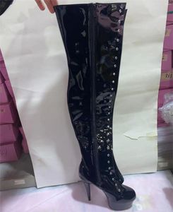 Tanzschuhe 15–23 cm hohe vordere Schnalle über dem Knie Stiefel runder Kopf Damen 6–9 Zoll Bühne Sexy Runway Show extra lang