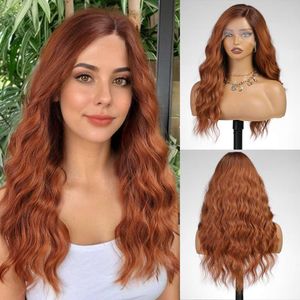 Getshow Auburn Wigs for Women Long Curly Layered Lace Wig Dark Roots Hair Side Part