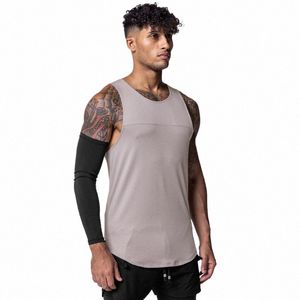 Sommarmän stretch ärm Vest Men's Gym Running Training Muscle Sports Vest rund nacke andningsbar snabbtorkande t-shirt 18MP#