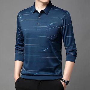 Spring Summer Tshirts for Men Long Sleeve Tees Turn-down Collar Polo Solid Striped Button Pockets Fashion European Clothing Tops 240313