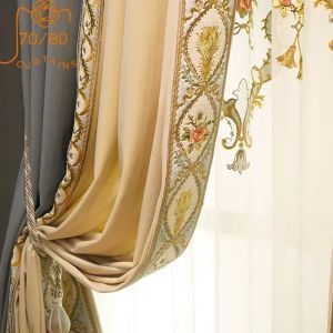 Curtains New French Light Luxury Embroidery Flocking Lace Stitching Flannel Blackout Curtains for Living Room Bedroom Finished Product