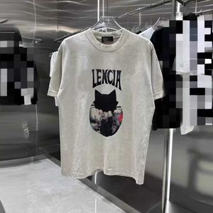 B Paris PRAWIDŁOWE WYSOKIE WYSOKIWOŚCI 24SS Snowflake Malled Old Cat Head Spersonalizowany wydrukowany krótki rękaw T-shirt dla mężczyzn i kobiet