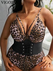 Mulheres Swimwear Vigojany 2024 Leopard Strapped Plus Size Mulheres Push Up Oco Grande One Piece Swimsuit Backless Praia Grande Terno de Banho